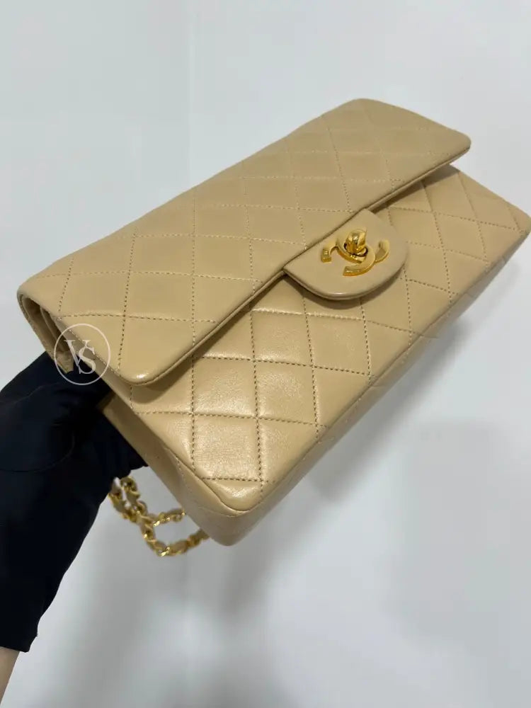 CHANEL Beige Lambskin Classic Quilted Flap Bag Small in 24k GHW