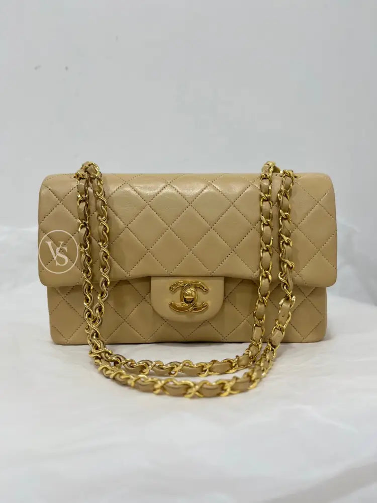CHANEL Beige Lambskin Classic Quilted Flap Bag Small in 24k GHW
