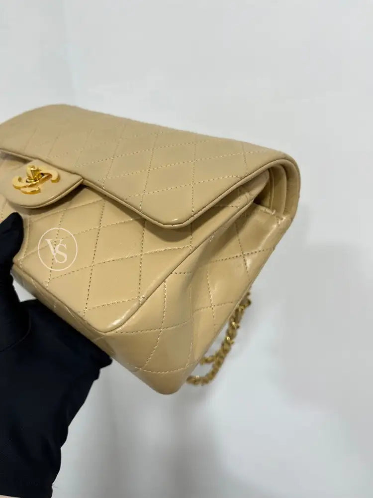 CHANEL Beige Lambskin Classic Quilted Flap Bag Small in 24k GHW