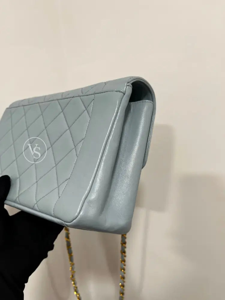 CHANEL 1996-97 Baby Blue Lambskin Classic Diana Flap Crossbody Bag Medium in 24k GHW