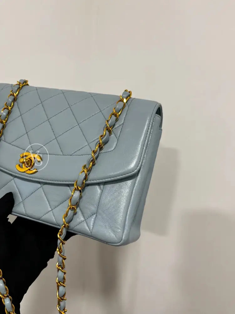 CHANEL 1996-97 Baby Blue Lambskin Classic Diana Flap Crossbody Bag Medium in 24k GHW