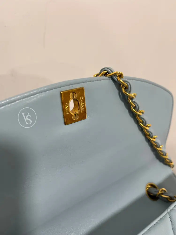 CHANEL 1996-97 Baby Blue Lambskin Classic Diana Flap Crossbody Bag Medium in 24k GHW