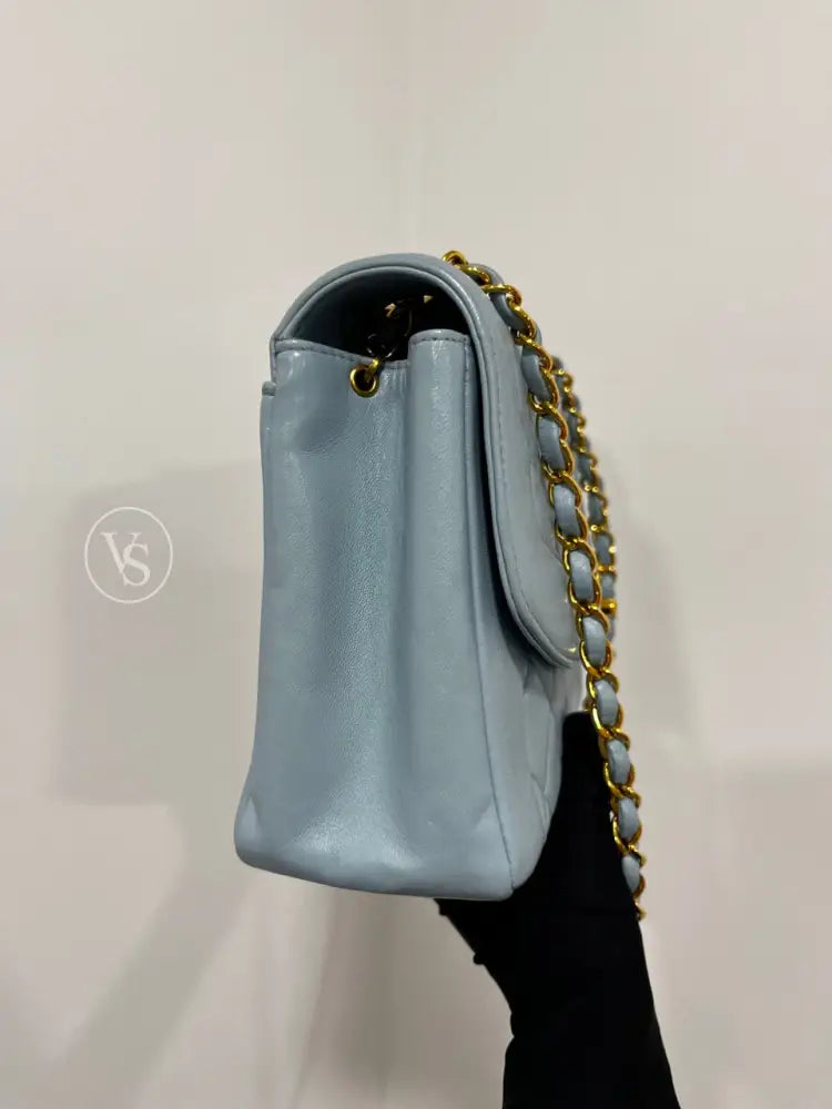 CHANEL 1996-97 Baby Blue Lambskin Classic Diana Flap Crossbody Bag Medium in 24k GHW