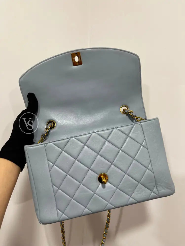 CHANEL 1996-97 Baby Blue Lambskin Classic Diana Flap Crossbody Bag Medium in 24k GHW