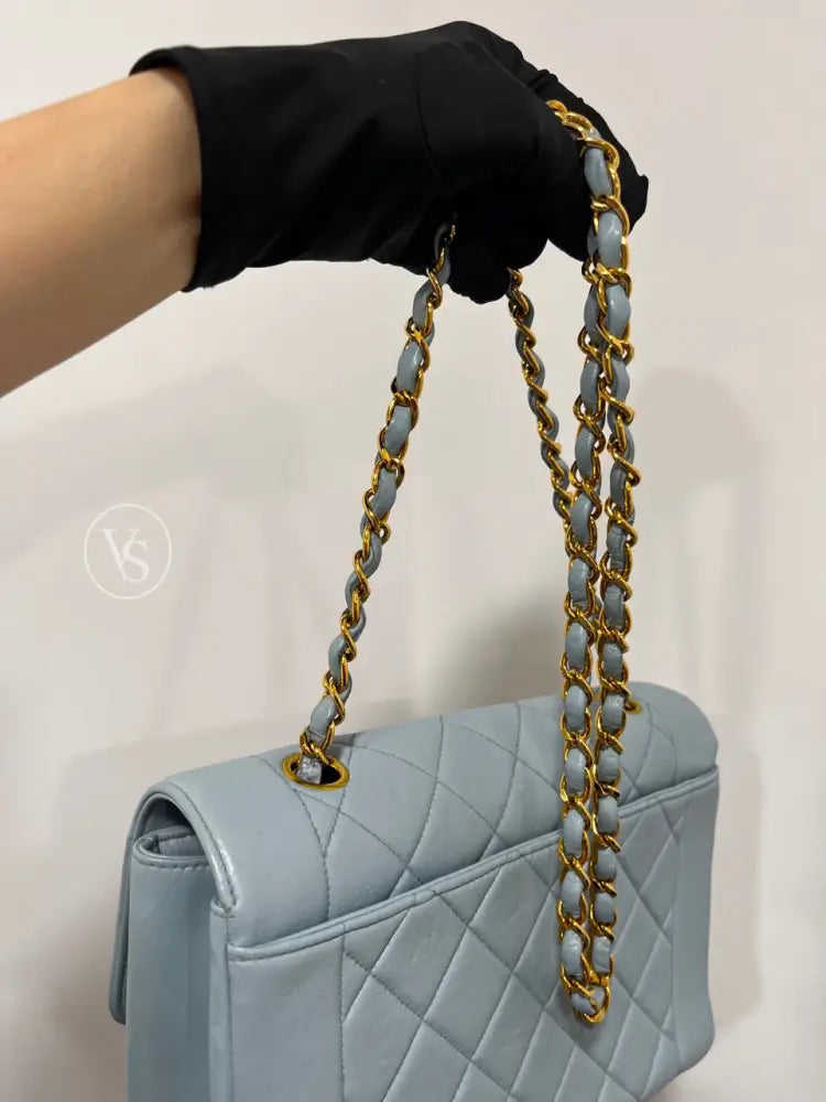 CHANEL 1996-97 Baby Blue Lambskin Classic Diana Flap Crossbody Bag Medium in 24k GHW