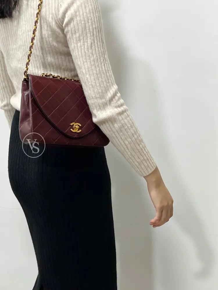 Chanel 80S Burgundy Plum Lambskin Quilted Curved Flap Shoulder And Crossbody Bag In 24K Ghw