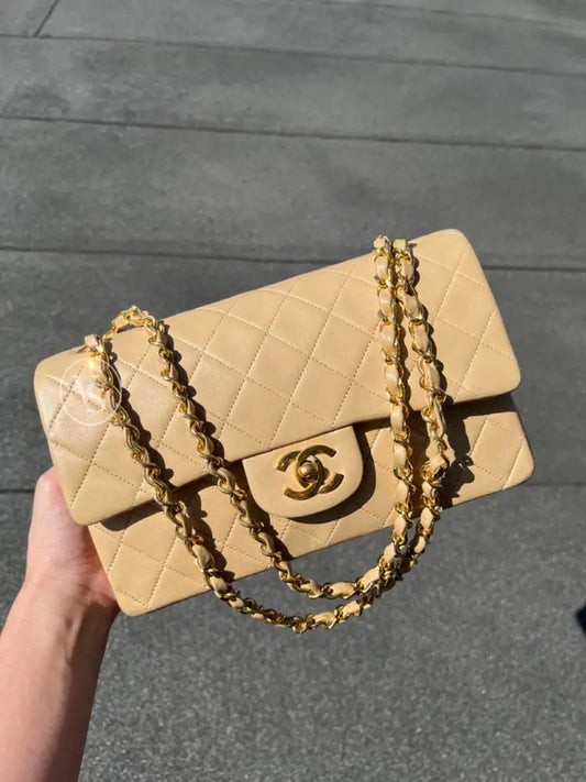 Chanel Beige Lambskin Classic Flap Bag Small In 24K Ghw