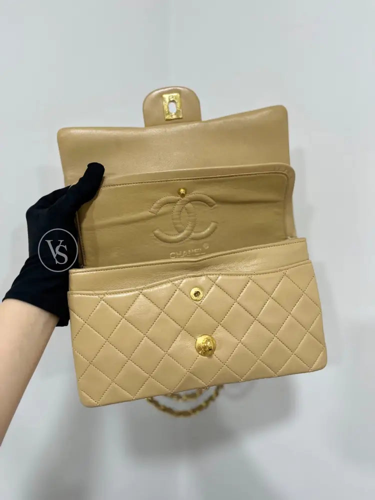 CHANEL Beige Lambskin Classic Quilted Flap Bag Small in 24k GHW