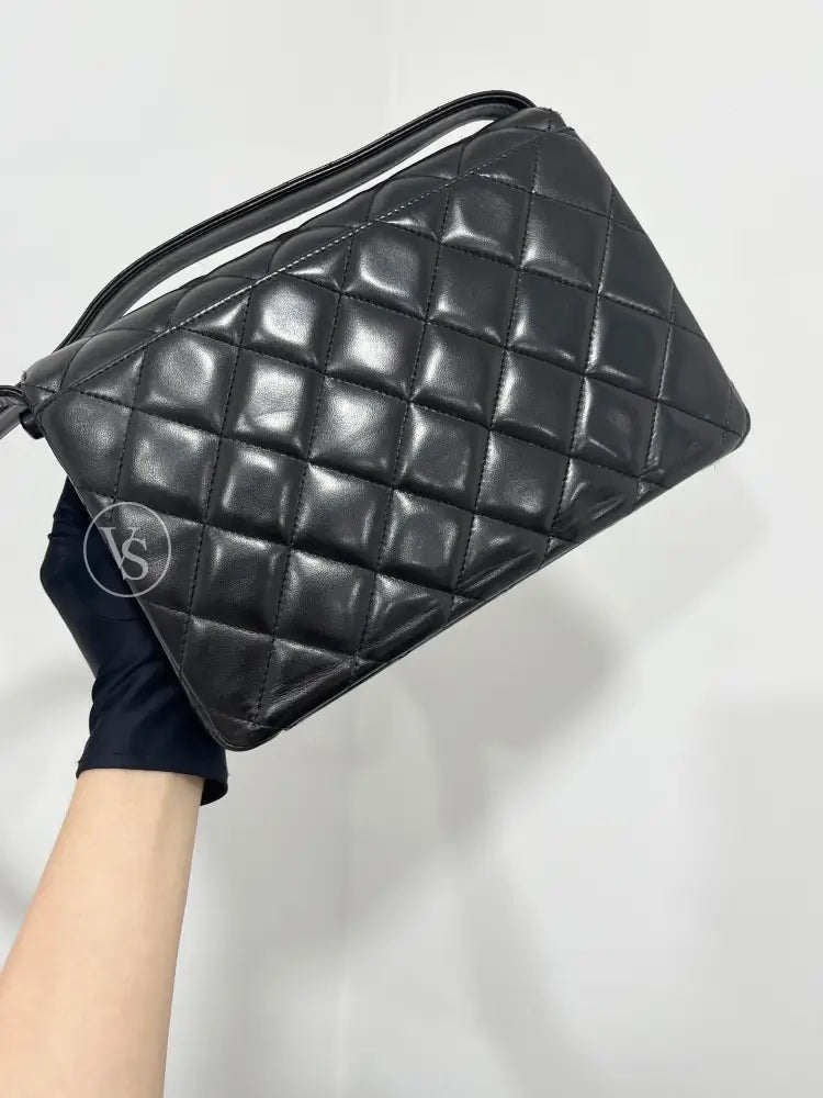 CHANEL Black Lambskin Quilted Curved Shoulder Flap Bag in 24k GHW Black