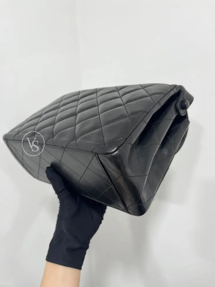 CHANEL Black Lambskin Quilted Curved Shoulder Flap Bag in 24k GHW Black