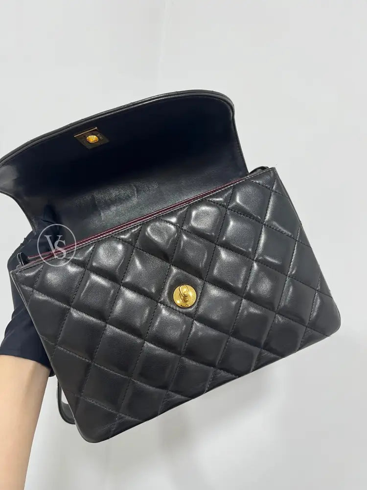 CHANEL Black Lambskin Quilted Curved Shoulder Flap Bag in 24k GHW Black