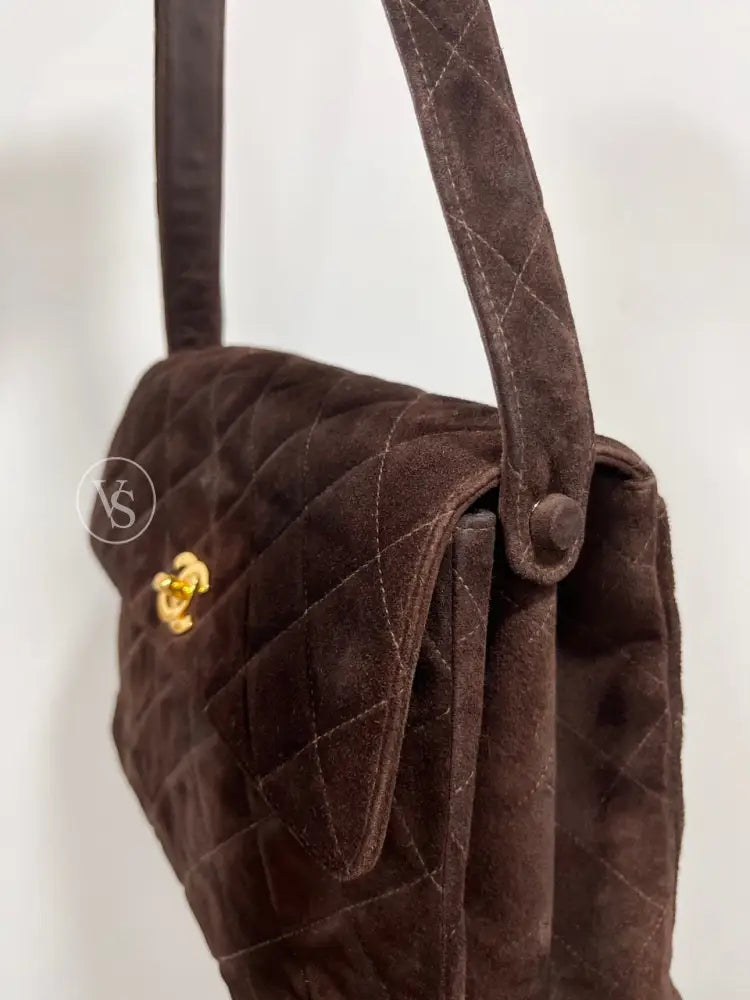 Chanel Brown Suede Quilted Kelly Shoulder Bag In 24K Ghw