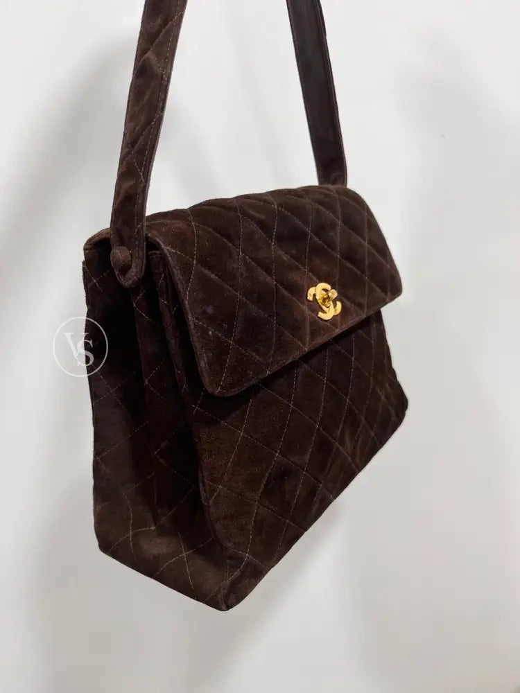 Chanel Brown Suede Quilted Kelly Shoulder Bag In 24K Ghw