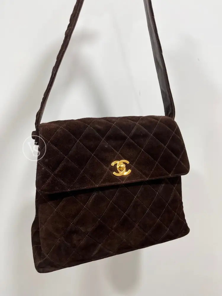 Chanel Brown Suede Quilted Kelly Shoulder Bag In 24K Ghw