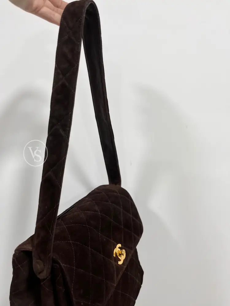 Chanel Brown Suede Quilted Kelly Shoulder Bag In 24K Ghw