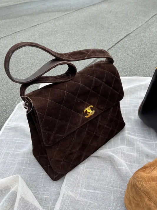 Chanel Brown Suede Quilted Kelly Shoulder Bag In 24K Ghw