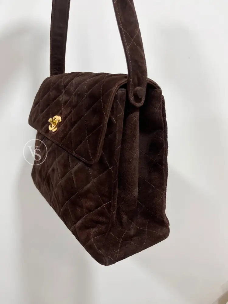 Chanel Brown Suede Quilted Kelly Shoulder Bag In 24K Ghw