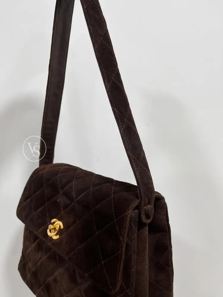 Chanel Brown Suede Quilted Kelly Shoulder Bag In 24K Ghw