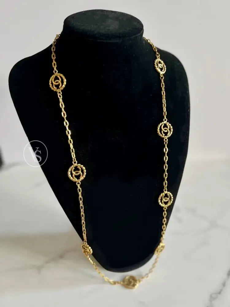 Chanel Gold Plated Long Chain Round Cut - Out Cc Belt/Necklace 1982