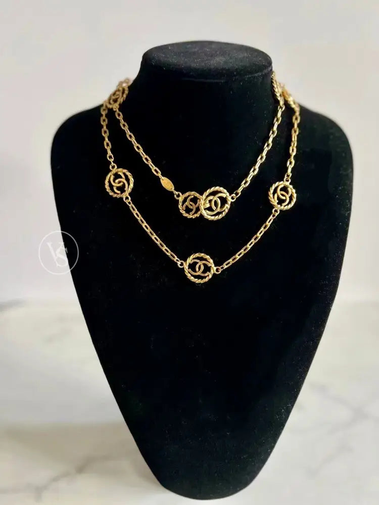 Chanel Gold Plated Long Chain Round Cut - Out Cc Belt/Necklace 1982