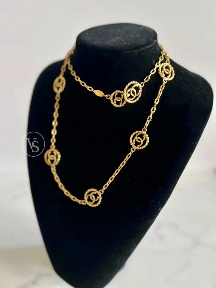 Chanel Gold Plated Long Chain Round Cut - Out Cc Belt/Necklace 1982