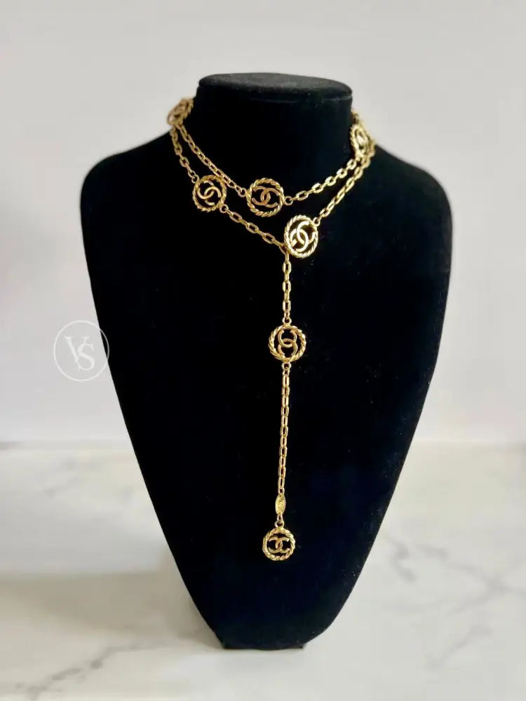 Chanel Gold Plated Long Chain Round Cut - Out Cc Belt/Necklace 1982