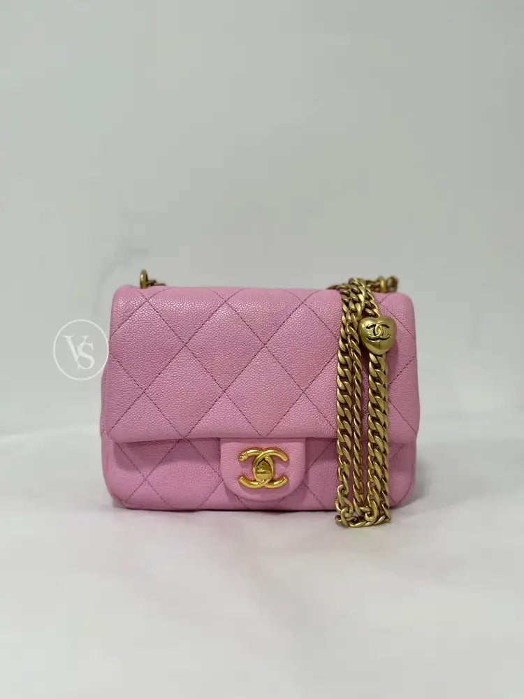 CHANEL Pink Caviar 23P Heart Crush Adjustable Mini Shoulder Crossbody Bag in GHW