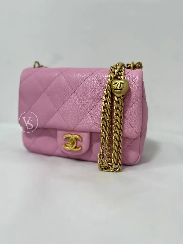CHANEL Pink Caviar 23P Heart Crush Adjustable Mini Shoulder Crossbody Bag in GHW