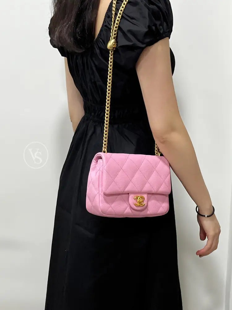 CHANEL Pink Caviar 23P Heart Crush Adjustable Mini Shoulder Crossbody Bag in GHW