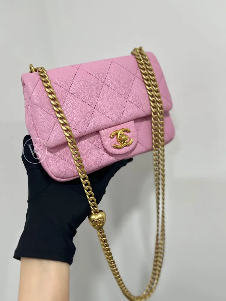 CHANEL Pink Caviar 23P Heart Crush Adjustable Mini Shoulder Crossbody Bag in GHW