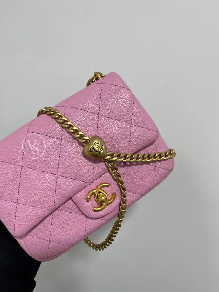 CHANEL Pink Caviar 23P Heart Crush Adjustable Mini Shoulder Crossbody Bag in GHW