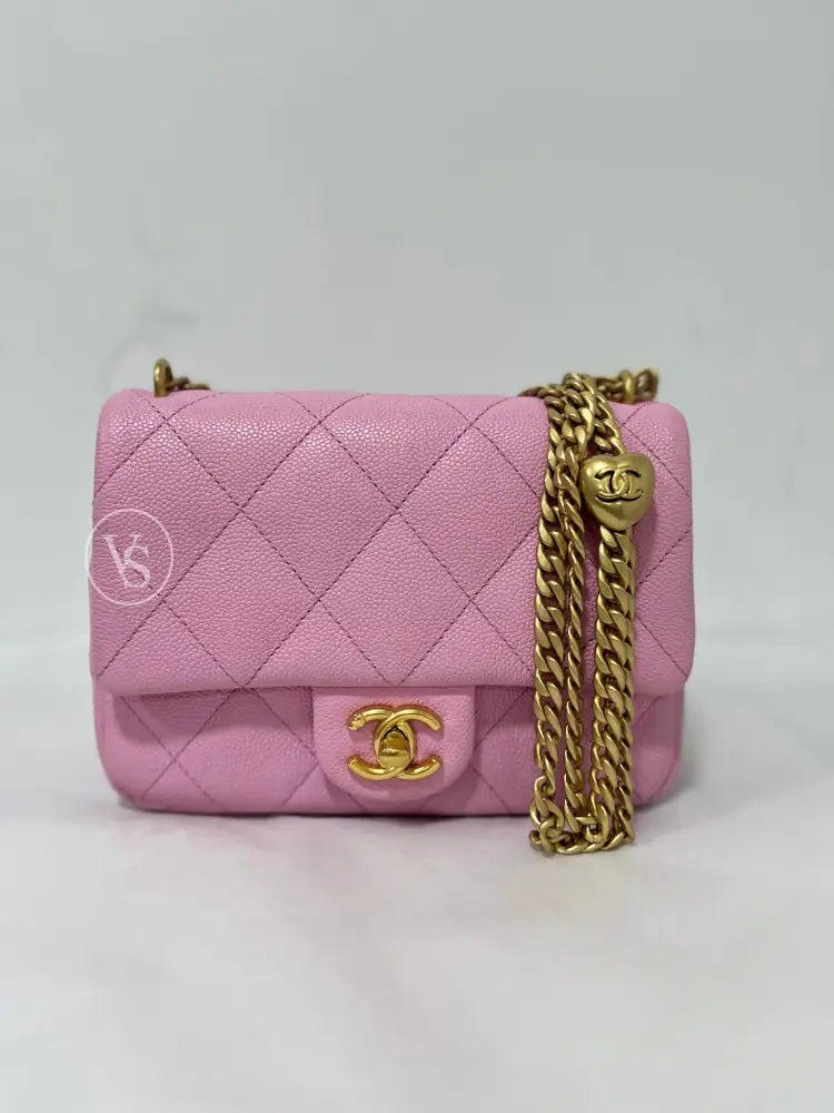 CHANEL Pink Caviar 23P Heart Crush Adjustable Mini Shoulder Crossbody Bag in GHW