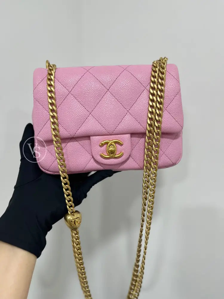 CHANEL Pink Caviar 23P Heart Crush Adjustable Mini Shoulder Crossbody Bag in GHW