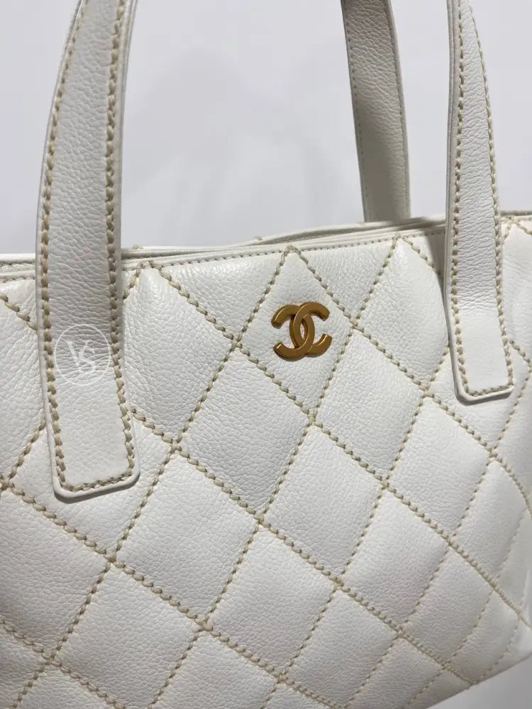 Chanel White Caviar Wild Stitch Tote Bag In 24K Ghw