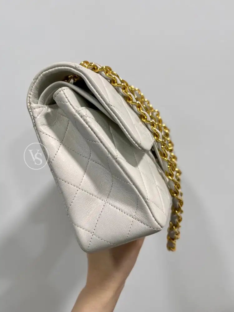 Chanel White Lambskin Classic Flap Bag Small In 24K Ghw