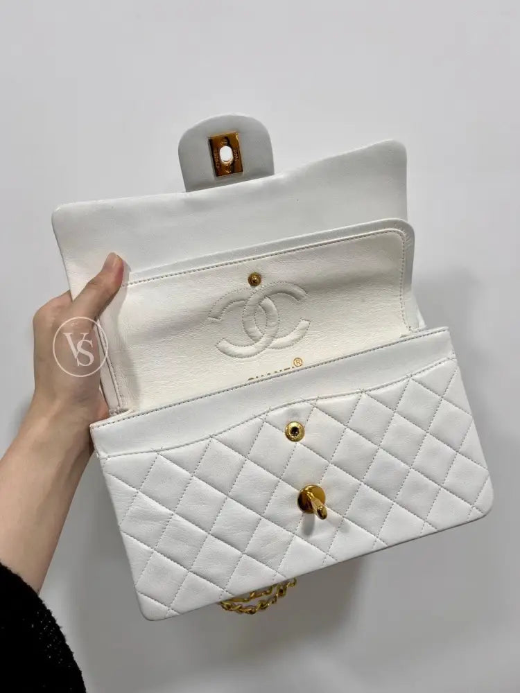 Chanel White Lambskin Classic Flap Bag Small In 24K Ghw