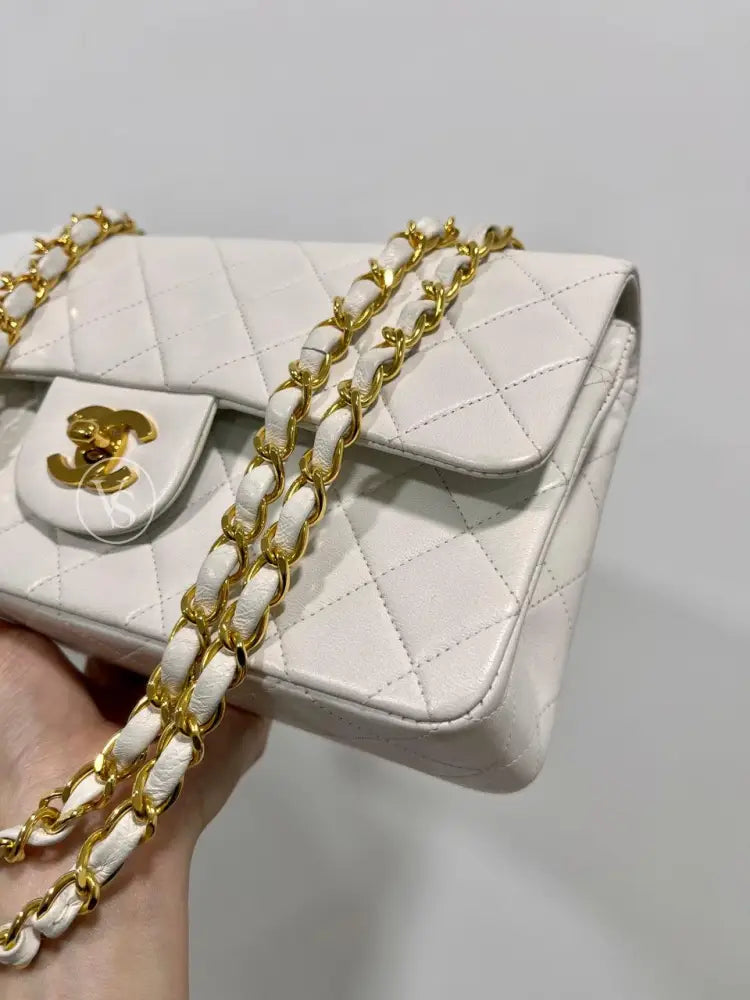 Chanel White Lambskin Classic Flap Bag Small In 24K Ghw