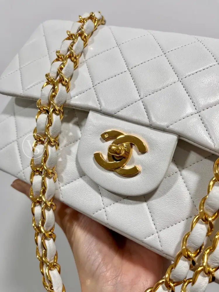 Chanel White Lambskin Classic Flap Bag Small In 24K Ghw