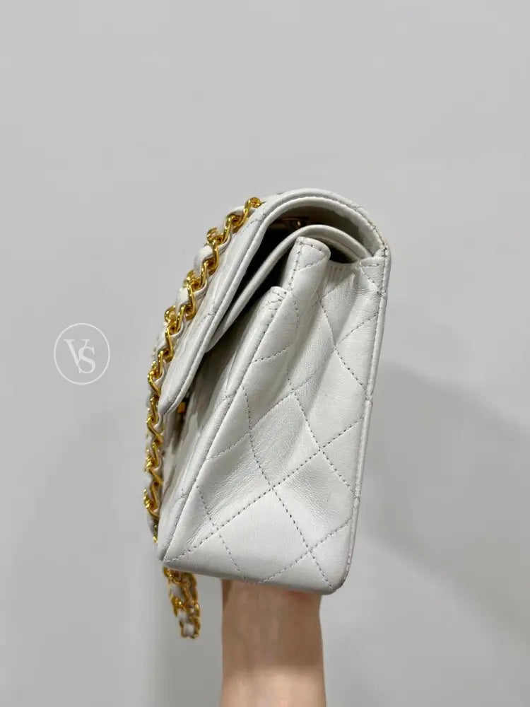 Chanel White Lambskin Classic Flap Bag Small In 24K Ghw