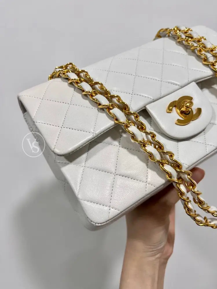 Chanel White Lambskin Classic Flap Bag Small In 24K Ghw