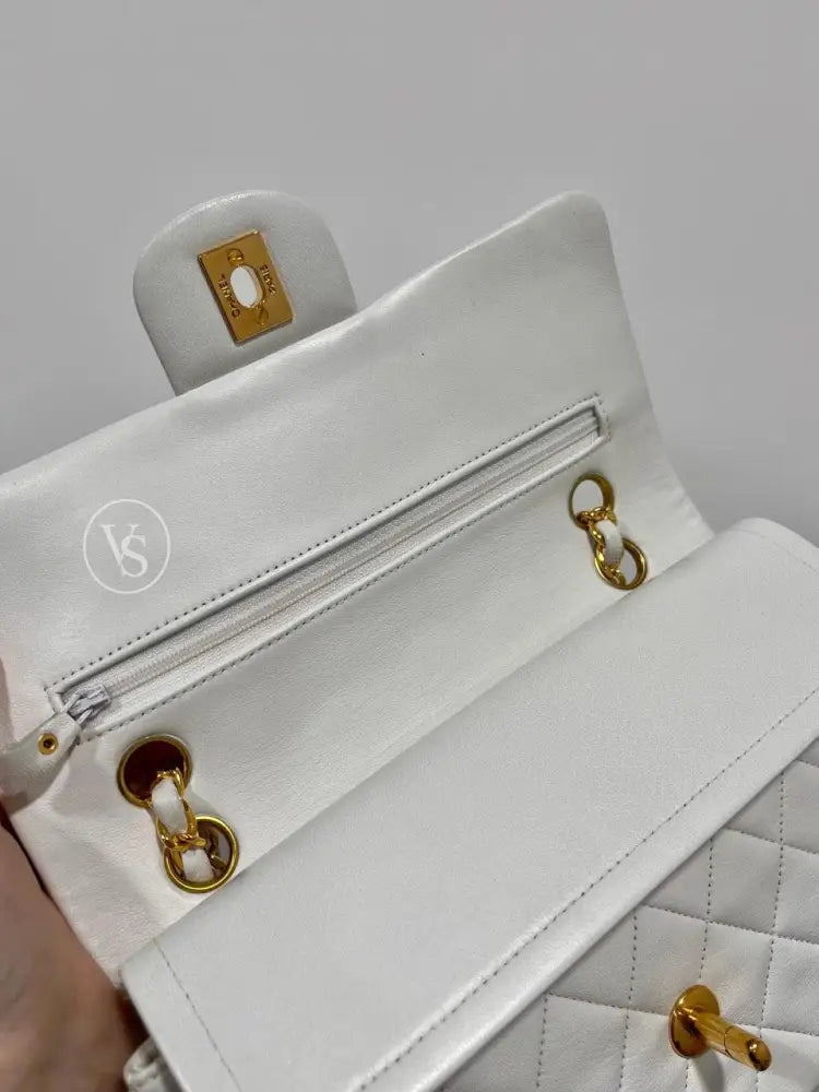 Chanel White Lambskin Classic Flap Bag Small In 24K Ghw