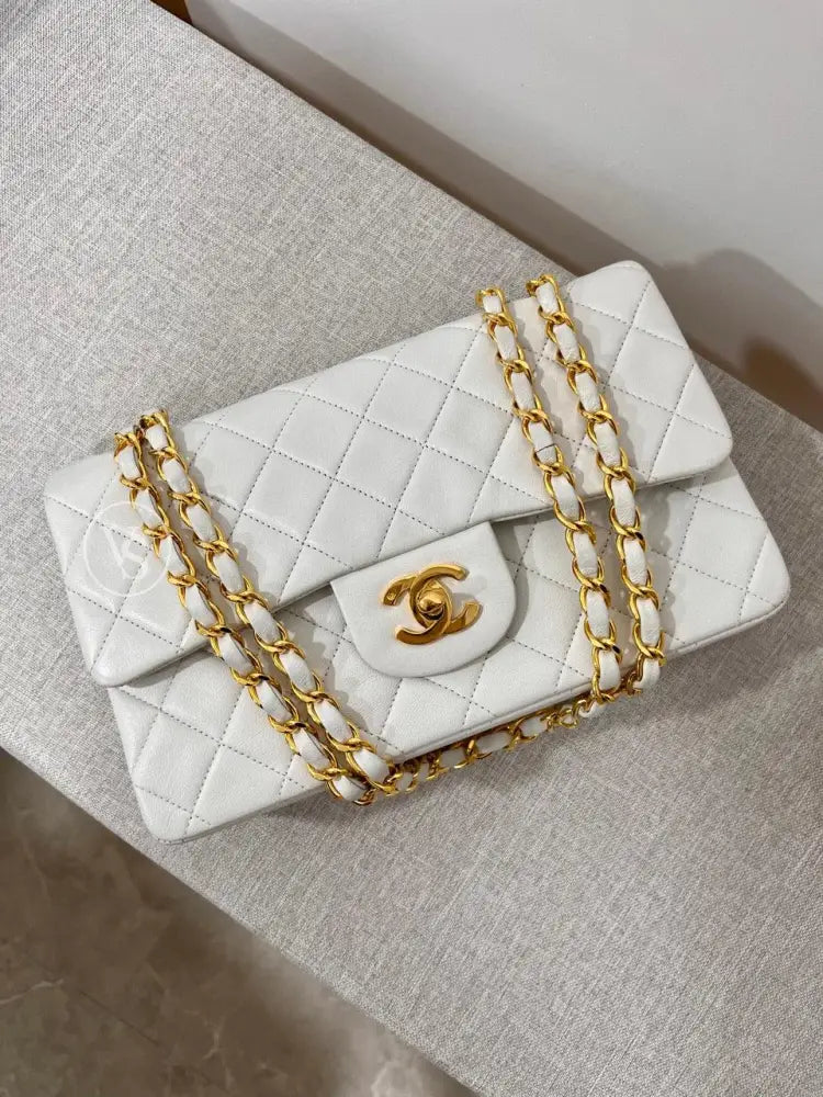 Chanel White Lambskin Classic Flap Bag Small In 24K Ghw