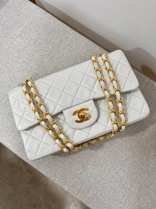 Chanel White Lambskin Classic Flap Bag Small In 24K Ghw