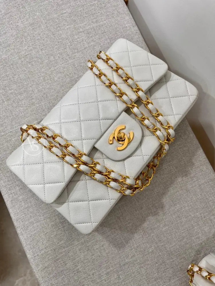 Chanel White Lambskin Classic Flap Bag Small In 24K Ghw