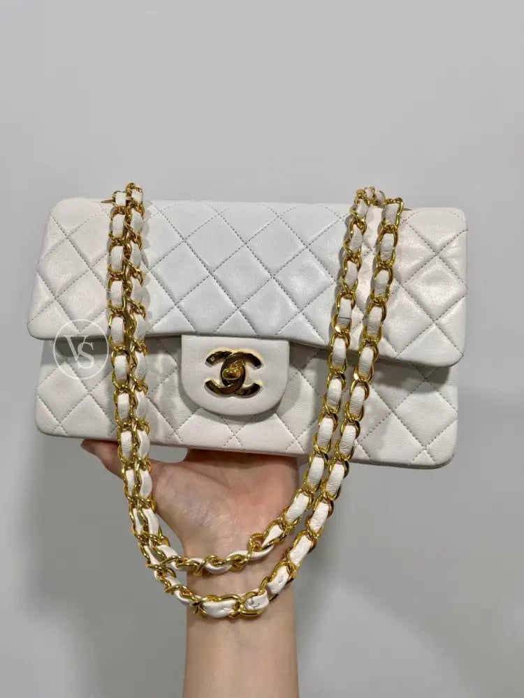 Chanel White Lambskin Classic Flap Bag Small In 24K Ghw