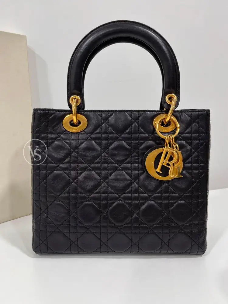 Dior Black Lambskin Cannage Lady Dior Medium Handle Bag