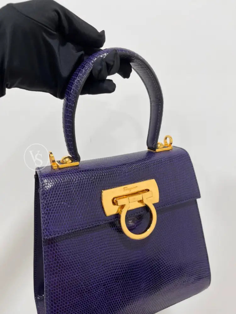 Ferragamo Purple Violet Lizard Leather Gancini Kelly Two - Way Handle Shoulder Bag