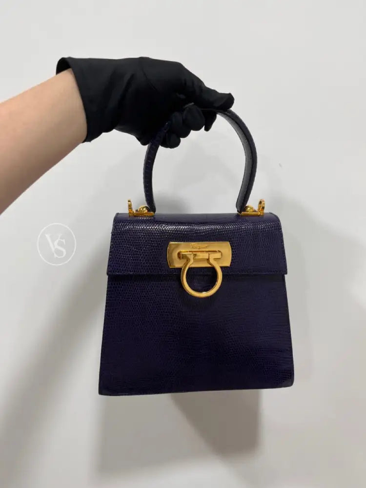 Ferragamo Purple Violet Lizard Leather Gancini Kelly Two - Way Handle Shoulder Bag