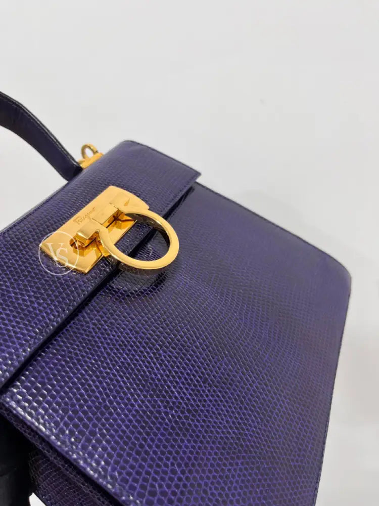 Ferragamo Purple Violet Lizard Leather Gancini Kelly Two - Way Handle Shoulder Bag