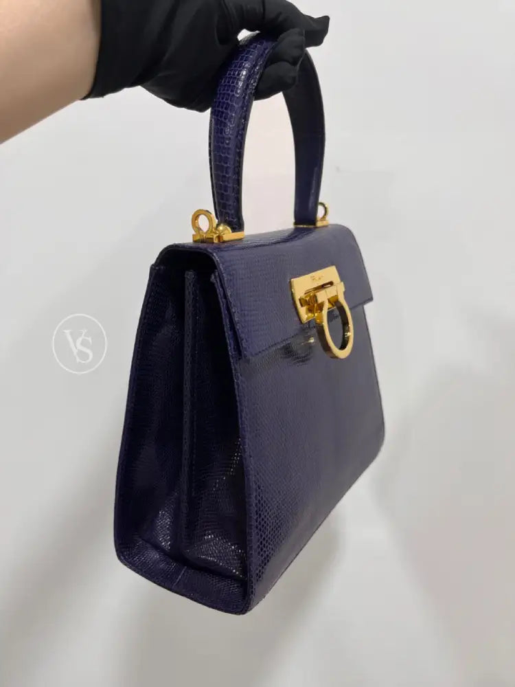 Ferragamo Purple Violet Lizard Leather Gancini Kelly Two - Way Handle Shoulder Bag